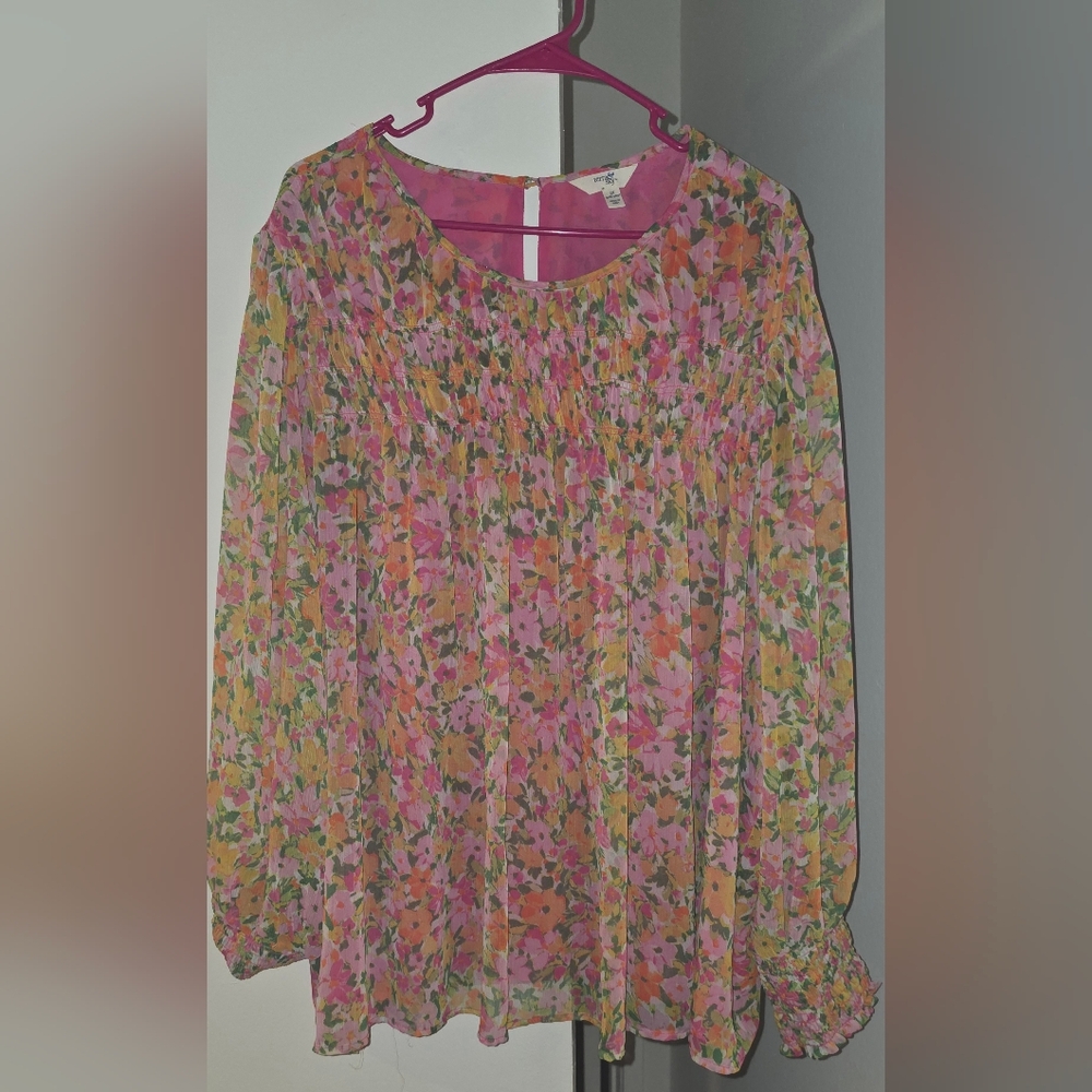 Terra & Sky women's plus size floral smocked chiffon top.